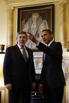 President Barack Obama with UK PM Gordon Brown inside 10 Downing Street.