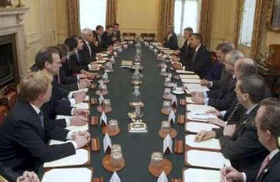 Key US and UK foreign officials meet in the Cabinet Room of the PM's official residence.