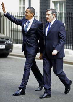 President Barack Obama and PM Gordon Brown leave 10 Downing Street after joint meeting and walk to the Foreign and Commonwealth Office building to hold a joint news conference.