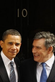 President Barack Obama and PM Gordon Brown leave 10 Downing Street after joint meeting and walk to the Foreign and Commonwealth Office building to hold a joint news conference.