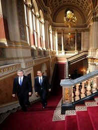 President Barack Obama and UK PM Gordon Brown on their way to a joint news conference in the Foreign and Commonwealth Office building in London.