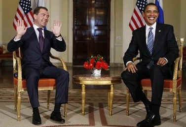 US President Barack Obama meets with Russian President Dmitry Medvedev at Winfield House in London.