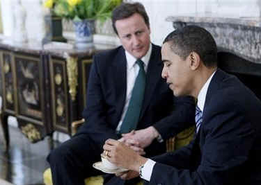 President Barack Obama meets with Conservative Party Leader David Cameron at Winfield House in London.
