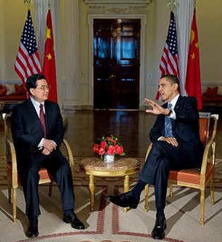 President Barack Obama, Secretary of State Hillary Clinton, Treasury Secretary Tim Geithner and other key US senior officials meet with China's President Hu Jintao and Chinese officials at Winfield House in London.