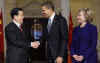 President Barack Obama, Secretary of State Hillary Clinton, Treasury Secretary Tim Geithner and other key US senior officials meet with China's President Hu Jintao and Chinese officials at Winfield House in London.