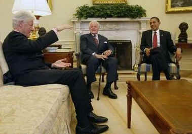 President Barack Obama meets with former President Bill Clinton, Senator Edward M. Kennedy, and Vice President Joe Biden in the Oval Office of the White House.