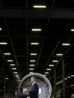 President Barack Obama speaks at the Trinity Structural Towers Manufacturing Plant in Newton, Iowa on Earth Day, April 22, 2009.
