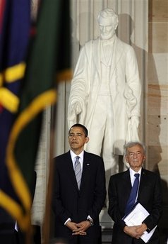 President Obama was joined in the ceremony by Nobel laureate Elie Wiesel. President Barack Obama attends the Holocaust Days of Remembrance in the Rotunda of the Capitol.