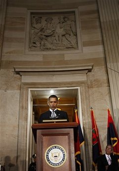 President Barack Obama speaks at the Holocaust Days of Remembrance in the Rotunda of the Capitol.