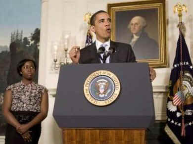President Barack Obama remarks on higher education in the Diplomatic Reception Room of the White House on April 24, 2009. President Obama was introduced by a University of Maryland student who was joined on stage by her mother.