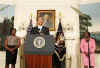 President Barack Obama remarks on higher education in the Diplomatic Reception Room of the White House on April 24, 2009. President Obama was introduced by a University of Maryland student who was joined on stage by her mother.
