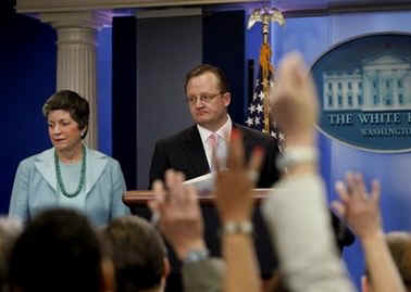 Secretary of Homeland Security Janet Napolitano and Press Secretary Robert Gibbs at a rare Sunday press conference.