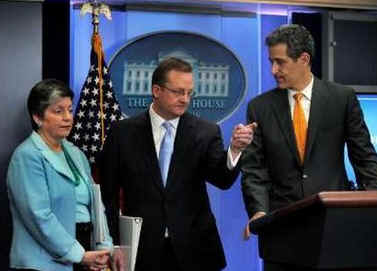 Dr. Richard Besser, the Acting Director for the Centers for Disease Control and Prevention (CDC), Secretary of Homeland Security Janet Napolitano, and Press Secretary Robert Gibbs at a rare Sunday press conference.