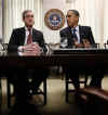 President Barack Obama meets with FBI Director Robert Mueller at FBI Headquarters in Washington on April 28, 2009.