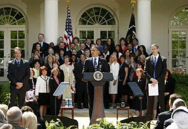 President Barack Obama speaks at a Teacher of the Year ceremony in the Rose Garden of the White House on April 28, 2009.