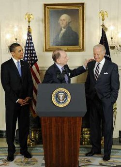President Barack Obama and Vice President Joe Biden welcome Senator Arlen Specter to the Democratic Party.