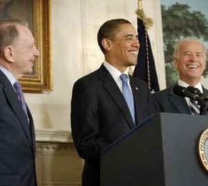President Barack Obama and Vice President Joe Biden welcome Senator Arlen Specter to the Democratic Party.