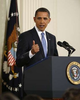 President Barack Obama speaks at a prime time press conference on the 100th day anniversary of his presidency on April 29, 2009.