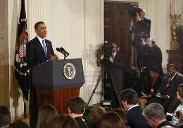 President Barack Obama speaks at a prime time press conference on the 100th day anniversary of his presidency on April 29, 2009.