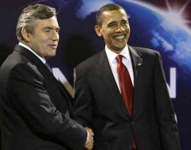 President Barack Obama arrives at the Excel Centre in London and is greeted by the UK PM Gordon Brown the host of the 009 London G20 Summit on April 2, 2009.