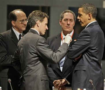 President Barack Obama and US Treasury Secretary Tim Geithner meet G20 attendees beforet the Plenary session of the G20 Summit at the Excel Centre.