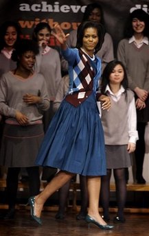 First Lady Michelle Obama visits students at the Elizabeth Garrett Anderson Language School in London on April 2, 2009.