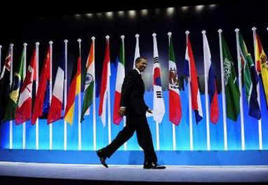 President Barack Obama arrives for a G20 press conference on the main stage of the Excel Centre in London, UK.