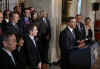 President Barack Obama speaks on the auto industry in the Grand Foyer of the White House on April 30, 2009.