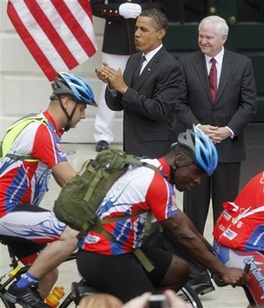 President Barack Obama hosts the Wounded Warrior Soldier's Ride on the South Lawn of the White House on April 30, 2009.
