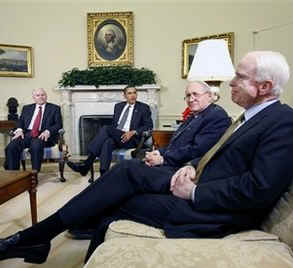 President Barack Obama meets with the Congressional Armed Services leadership in the Oval Office of the White House.