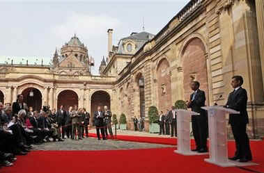 After a bilateral meeting President Obama and President Sarkozy hold a joint press conference in the courtyard of the Palais Rohan in Strasbourg, France.