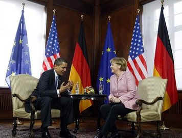 US President Barack Obama and German Chancellor Angela Merkel hold bilateral talks at City Hall in Baden-Baden.