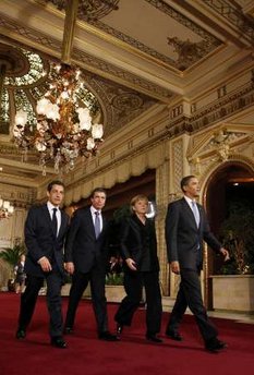 The G20 leaders are off to a working dinner in the Kurhaus building to discuss the April 4, 2009 NATO Summit agenda.