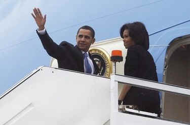 President Barack Obama and First Lady Michelle Obama depart foggy Stansted Airport in Essex, UK on Air Force One to meet with French President Sarkozy the co-host of the 60th NATO summit in Strasbourg, France.