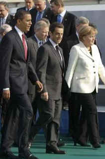 President Barack Obama and the NATO leaders assemble for a group photo prior to a NATO ceremony in Strasbourg, France.