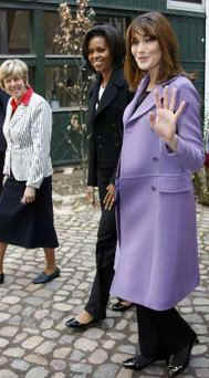 First Lady Michelle Obama meets First Lady Carla Bruni-Sarkozy and the spouses of other G20 leaders for a tour of Notre-dame de Strasbourg (Strasbourg Cathedral) on April 4, 2009.