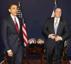 President Barack Obama meets with Greek Prime Minister Costas Karamanlis at the NATO meetings in Strasbourg, France.