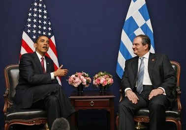 President Barack Obama meets with Greek Prime Minister Costas Karamanlis at the NATO meetings in Strasbourg, France.