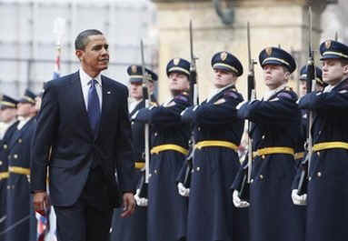 President Obama inspects a Czech honor guard after his arrival at the medieval Prague Castle.