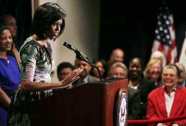 First Lady Michelle Obama speaks to employees of the United States Mission to the United Nations in New York on May 5, 2009.