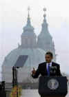 US President Barack Obama speaks to a large crowd in Hradcanske Square in Prague, Czech Republic on April 5, 2009.