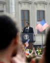 President Barack Obama delivers a speech to an estimated 25,000 people in Hradcanske Square in the Old City part of Prague, the capital of the Czech Republic.