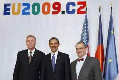 President Barack Obama with Czech leaders after he arrives at the European Union and United States (EU-US) Summit in Prague, Czech Republic.
