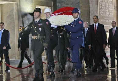 President Barack Obama begins his day in Ankara, Turkey at a wreath laying ceremony at Anitkabir Mausoleum on April 6, 2009.