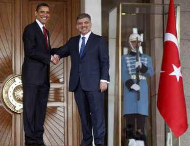 President Barack Obama meets with Turkish President Abdullah Gul and Turkish delegates at Cankaya Palace in Ankara, Turkey.