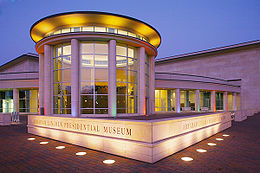 Night photo of the Lincoln Presidential Museum and Library. Senator Barack Obama remarks at the opening of the Lincoln Presidential Museum and Library on April 20, 2005 in Lincoln, Illinois.