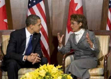 President Barack Obama meets with Governor General Michaelle Jean at the Canada Reception Center at Ottawa airport.