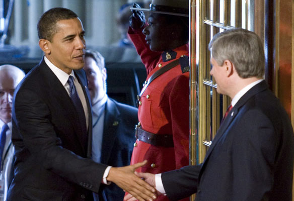 President Obama meets Canadian Prime Minister Stephen Harper on Parliament Hill in Ottawa on February 19, 2009.
