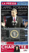 La Presse (Montreal) - January 21, 2009 - The historic inauguration of President Barack Obama as the 44th US President dominates the front page headlines of Canadian newspapers.