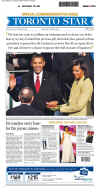 Toronto Star - January 21, 2009 - The historic inauguration of President Barack Obama as the 44th US President dominates the front page headlines of Canadian newspapers.